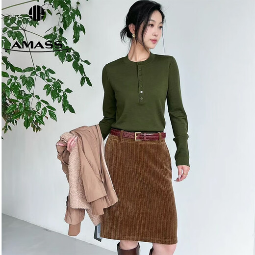 AMASS Classic Simple Casual Comfortable Breasted Henley Long Sleeve Round Neck Sweater 538102 Green M (size 3)