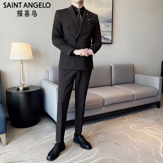 Annunciation Bird Haute Couture Suit Men's Wedding Dress Korean Slim Groom's Suit British Style Business Formal Dress Dark Brown #(Suit+Vest+Trousers) Comes with free shirt and tie M