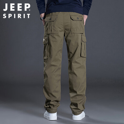 JEEP SPIRIT Jeep overalls men's autumn and winter straight casual pants men's loose multi-pocket men's pants military green L