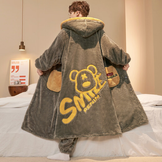 Siqiniao Autumn and Winter Coral Velvet Pajamas Men's Pajamas Large Size Loose Long Bathrobe Men's Winter Flannel Home Clothes Youth 3218# Robe + Pajamas XL (Recommended 130-155 Jin Jin equals 0.5 kg / Height 170-175)