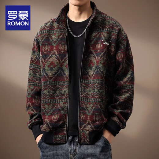 ROMON high-end ethnic style wool knitted jacket men's autumn and winter loose large size heavy retro cardigan sweater men's fashion red XL suitable for 140-160Jin Jin equals 0.5 kg