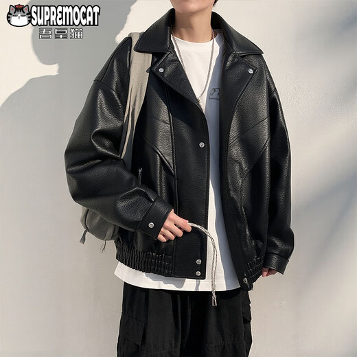 My Royal Cat American Leather Jacket Men's Spring and Autumn Versatile Retro Handsome Versatile Motorcycle Leather Jacket WJ14 Black XL