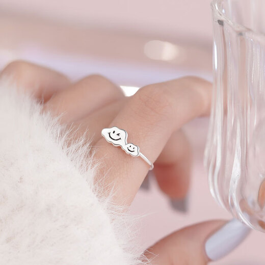 Lao Fengxiang S999 Full Silver Cloud Smiley Face Ring for Women, Versatile, Cute, Sweet and Exquisite Niche Design Ring Cloud Smiley Face Ring---Silver Opening Adjustable