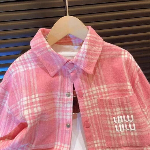 Girls' shirts autumn 2025 new style children's long-sleeved plaid shirts trendy brand jackets medium and large children's tops pink 140