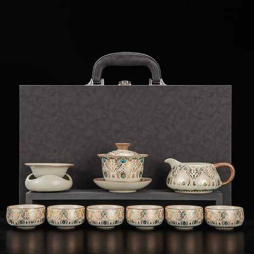 Yuanhe Dunhuang Ru Kiln Kung Fu Tea Set Home Office High-end Ceramic Covered Bowl Tea Cup Complete Set Holiday Gifts