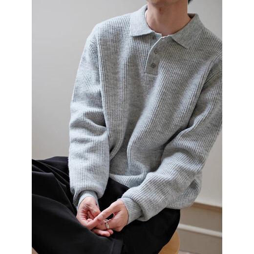 Old money style pique ground lapel POLO shirt sweater autumn and winter new lazy trend men's Henry collar versatile knitted sweater light gray 2XL (150-170Jin Jin equals 0.5 kg)