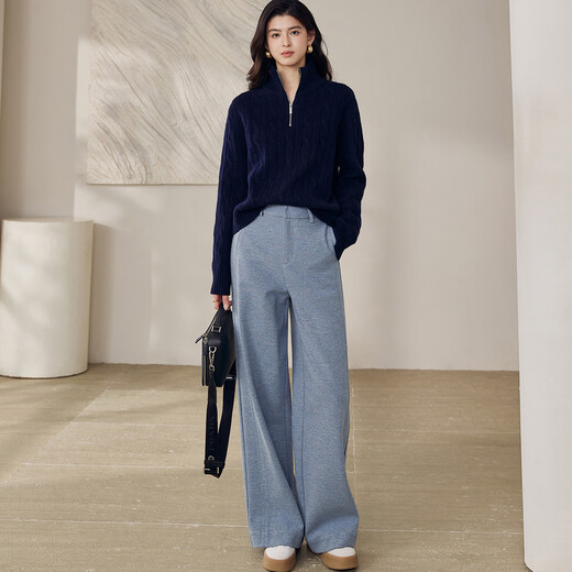 ROEYSHOUSE half-zip stand-up collar twist Raffia knitted sweater for women winter light luxury 100% sheep wool sweater top 13176 dark blue M (applicable to normal S/M size)