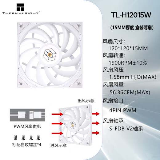 Limin (thermalright) TL-C12015 12015 ventilateur 12cm Étui mince ventilateur de refroidissement 15 mm ventilateur 4pin PWM S-FDB V2 portant TL-H12015W ventilateur mince blanc [boîte]