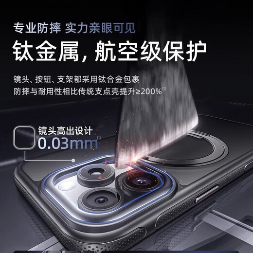 TORRAS mobile phone case, new cooling magnetic suction camera button, long-term use without yellowing, suitable for Apple 14/15/16/17, obsidian black, newly upgraded military quality, built-in buffer airbag, rotating stand, iPhone 14promax camera button, all included