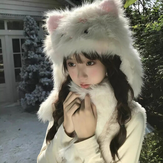 Tuzun Kitten Tail Hat Cute Cat Ears Ear Protection Plush Hat Warm Hat for Traveling and Taking Photos Women Winter Cat Ears Hat and Scarf All-in-one