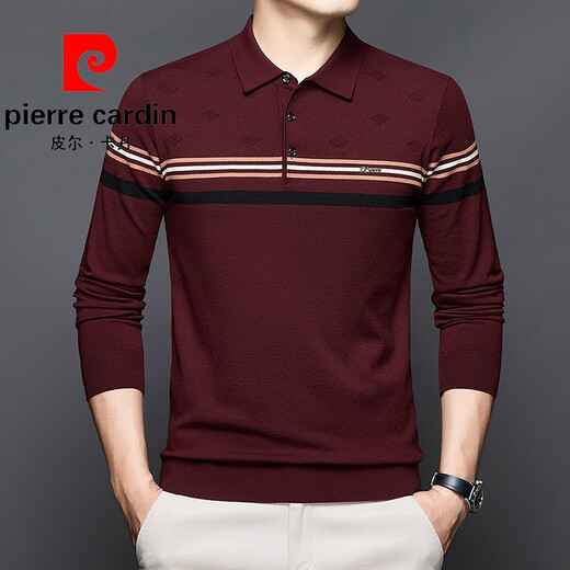 Pierre Cardin Spring and Automne NOUVEAU BUCUPAGE CONCUTÉE CASBRICAL T-shirt long à manches longues Polo à rayures en tricot mince d'âge moyen. Chemise GY12808 Brown Camel M Suggestion-125Jin [Jin est égal à 0,5 kg]
