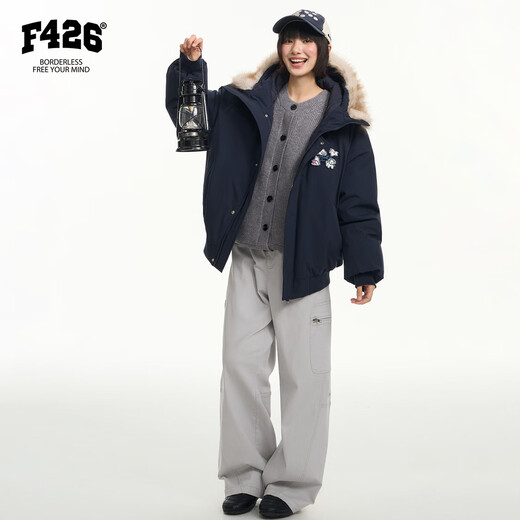F426 national fashion brand winter new casual loose hooded simple fur collar Velcro cotton jacket navy blue M