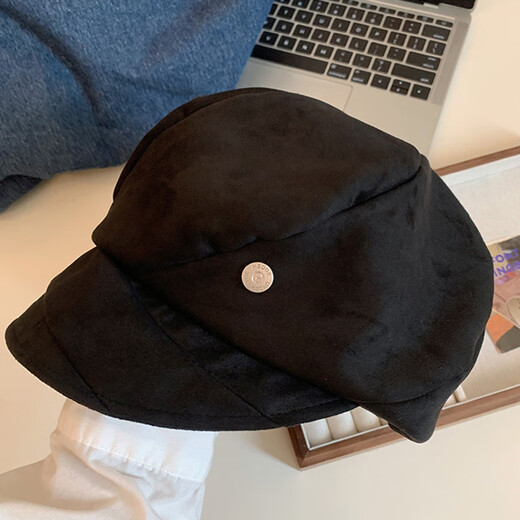 Nastyren Shark Japanese retro pleated black beret for women without makeup, versatile big head circumference painter hat showing face small newsboy hat trendy black one-size-fits-all