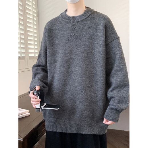 Xinghelai American trendy brand Henry collar sweater autumn and winter for men and women solid color lazy style sweater cleanfit loose jacket light gray 3XL