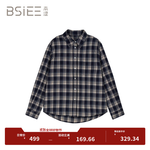 BSIEEBSiEE 2025 winter new style lapel POLO long-sleeved classic plaid single pocket casual plaid shirt navy M