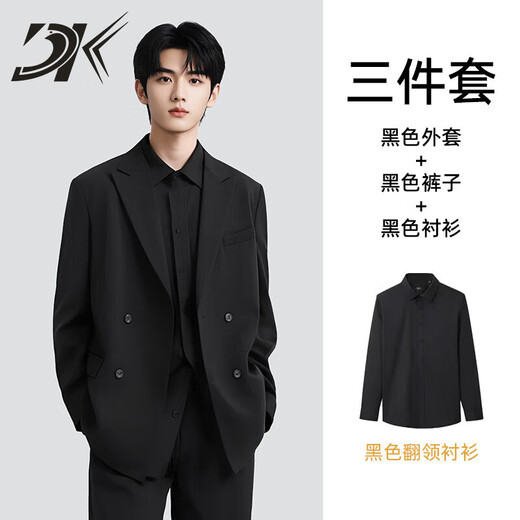 DK Brand Men's Suit Suit Men's Loose Handsome Suit Casual Engagement Dress Wedding High-Quality Jacket Men Forest Black Jacket + Pants + Black Shirt XL
