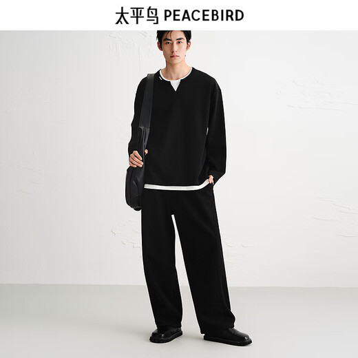 PEACEBIRD Men's T-shirt 25 Autumn New Henley Collar Heavy Long Sleeve Shirt Wide Version Fake Two-Piece Loose Bottoming Shirt Black Second Batch XL