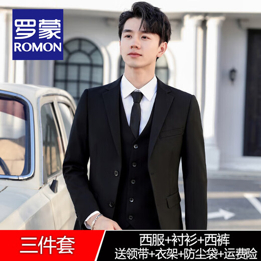 ROMON high-end customized suit suit men's slim coat groom wedding dress business formal casual small suit for men black two-button suit + pants + shirt + vest + gifts XL