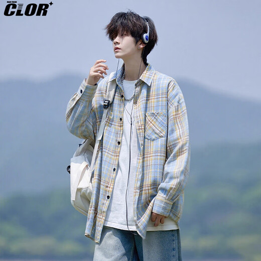 CLOR plaid long-sleeved shirt men's autumn ins loose casual shirt American retro jacket CLCX10 yellow XL