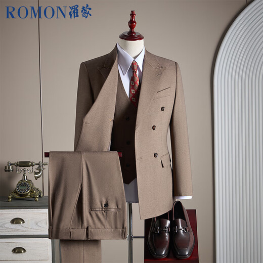 ROMON suit + vest + trousers Tencel Lyocell cotton wool double breasted suit dress men black XL