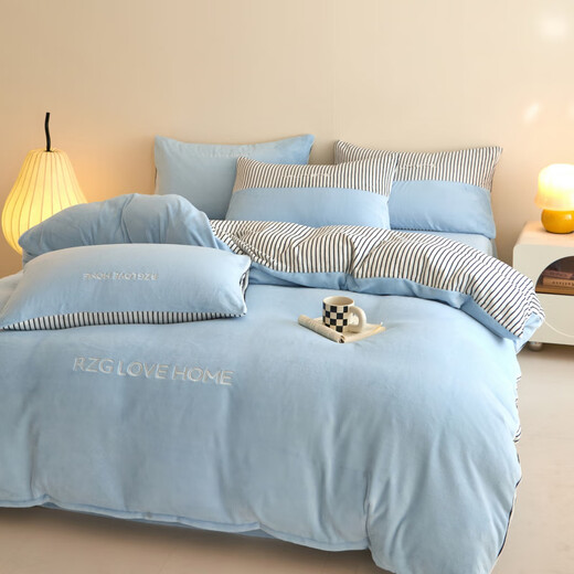 Produced milk velvet baby velvet four-piece set 2025 new winter matte grade smooth and delicate embroidery customization baby blue bed sheet style 2.0m four-piece set