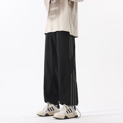 IZEXX American striped overalls men's high street casual loose straight wide leg sports long pants MZ98 black L