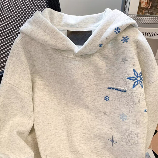 雪花星星刺绣连帽卫衣男秋季重磅廓形宽松oversize高街百搭外套男 浅灰色 L 建议100-120斤