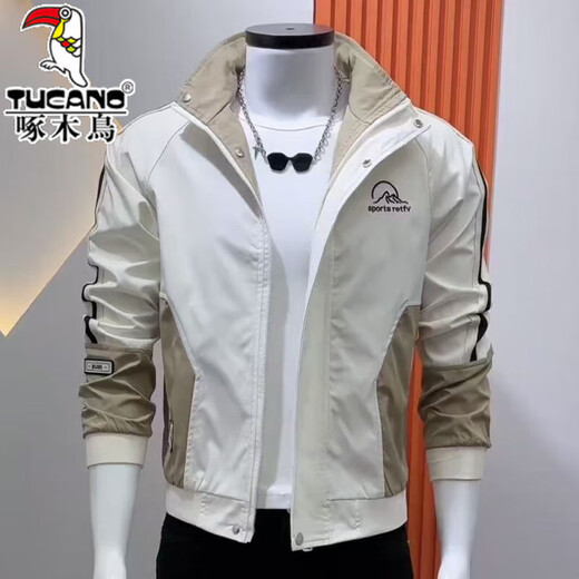 Woodpecker Spring and Autumn Jacket Men's Fashion Slim Stand Collar Korean Style Trendy Work Jacket Versatile Handsome Casual Top Beige-Coat Brand Special Price Clearance Pickup L Suitable for 110Jin Jin is equal to 0.5kg or so