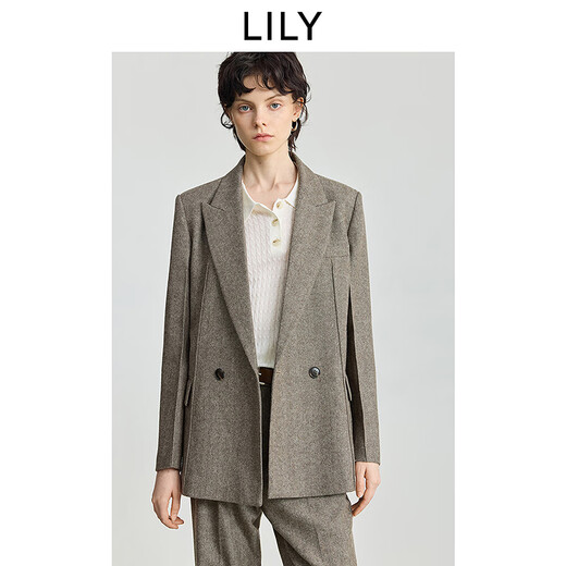 LILY2025 new winter women's wool blended old money style herringbone pattern commuter khaki suit jacket 717 Khaki M