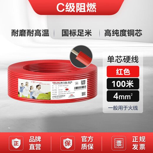 德力西（DELIXI）电线电缆ZC-BV4平方阻燃单芯单股家用铜芯电线 100米红色火线 