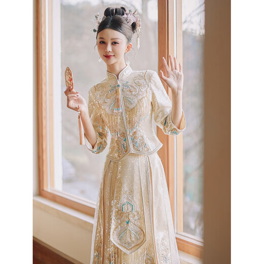 Yifen Mengfang Champagne Golden Xiuhe костюм 2025 Новый стиль свадебное свадебное свадебное платье тяжелые индустрии из кабинета тяжелая отрасль Champagne Color версии s версии s