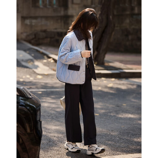 Shangjing Xiaoxiangfeng Contrast Color Lapel Warm Jacket Women 2025 Winter New Thick Diamond Versatile Short Top Women Blue M