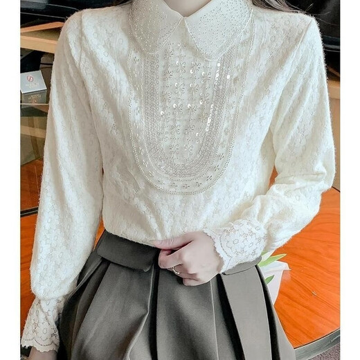 Luo Meng lace inner shirt for women 2025 new autumn and winter fashionable fashionable plus velvet bottoming doll collar long-sleeved top white regular L 105-120 Jin Jin is equal to 0.5 kg