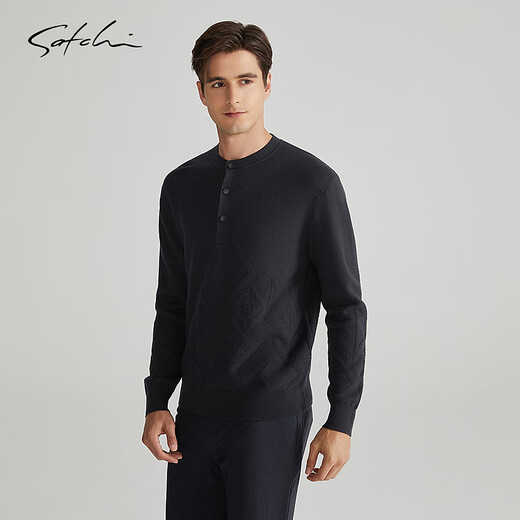 SATCHI 80% sheep wool SATCHI men's sweater 2025 autumn new business casual henley collar sweater denim blue L