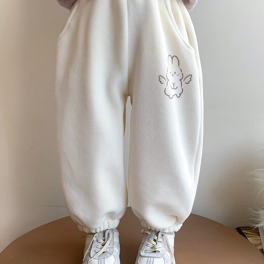 G.duck girls' fleece sweatpants autumn and winter 2025 new baby girl one-piece fleece casual pants winter children's thickened pants off-white 90 m