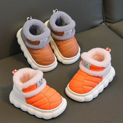 Winter children's bag-heeled cotton shoes for boys and girls, warm plus velvet PU leather waterproof thick-soled outer wear parent-child home shoes, upgraded version of environmentally friendly material blue, size 12 32/33 (shoe inner length 19CM, suitable for feet 18