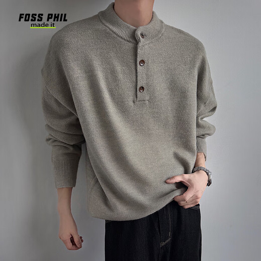 Foss Phil American Henry collar sweater for men in autumn and winter lazy style pullover loose coat sweater JM25821 floral gray L