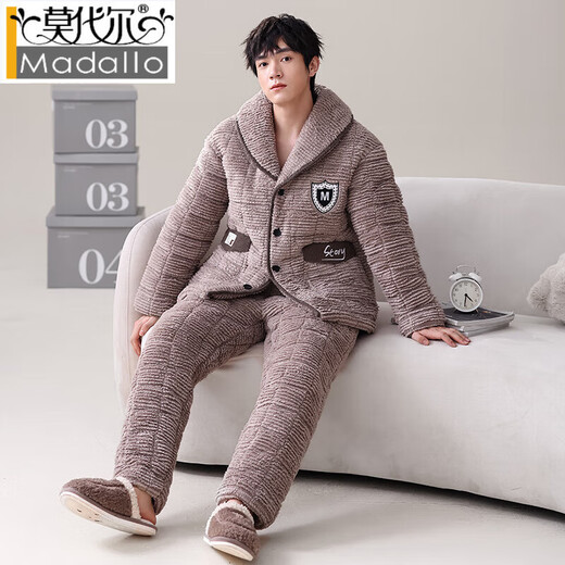 Modal coral velvet pajamas for men in winter plus velvet thickened three-layer cotton spring and autumn home clothes men 2025 warm-keeping suit PMQ three-layer cotton-men 13063 L