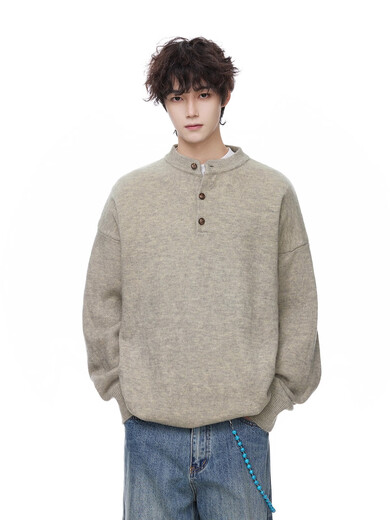 OEMG Gray Henley Collar Sweater Men's Autumn and Winter Trendy Retro Lazy Sweater Tops Warm Sweater Jacket Light Gray XL Recommended 110-130Jin Jin equals 0.5kg