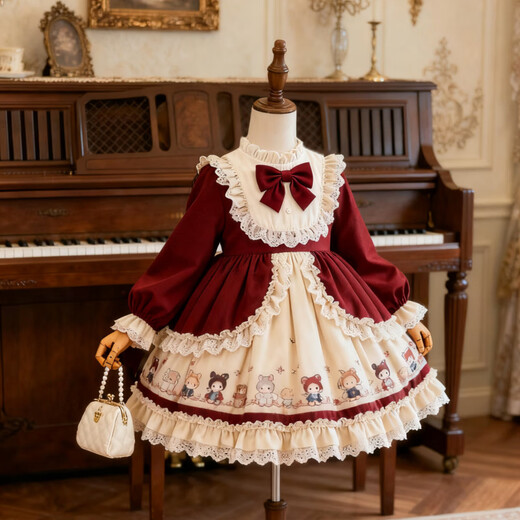Kafanli (KafanIi) Girls Lolita Princess Dress 25 New Children's Birthday Dress Western Style Baby Girl Dress Autumn and Winter Burgundy 265 Velvet No Accessories 150 cm