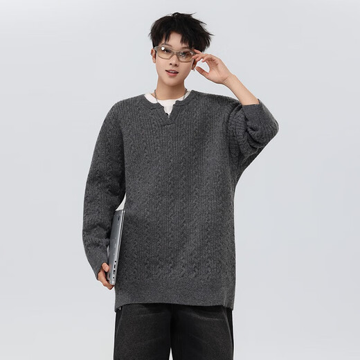 American retro twist design sweater for men and women, lazy henley collar loose pullover sweater for men and women, gray thick XL