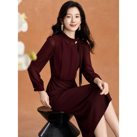 Kebel light luxury high-end dress women's 2025 new autumn and winter temperament waist slimming long-sleeved slit mid-length skirt XL