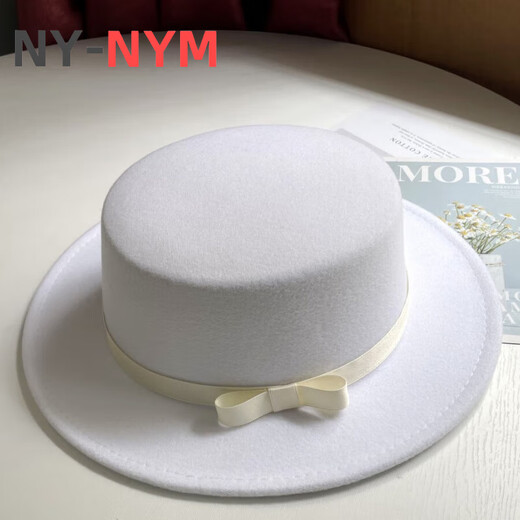 NY-NYM British style retro woolen hat for women in autumn and winter fashion versatile bow flat top Korean style black jazz hat for men black M (56-58cm)