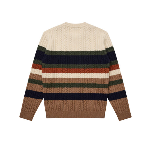 HAZZYS Men's Winter Crew Neck Sweater Knitted Contrast Striped Cable Wool Sweater Men ABYZD0CDD47 Cream CR L (175/96A 48)