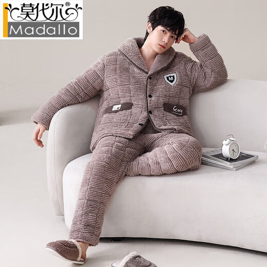 Modal coral velvet pajamas for men in winter plus velvet thickened three-layer cotton spring and autumn home clothes men 2025 warm-keeping suit PMQ three-layer cotton-men 13063 L