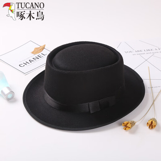 Woodpecker retro British Korean version autumn and winter bowler hat woolen flat top men's and women's British jazz hat casual hat black M (56-58cm)