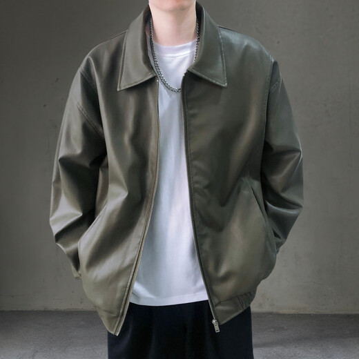 Yuhun American Retro Leather Jacket Coat Men's Loose PU Leather Jacket Boys Jacket Spring and Autumn Hong Kong Style Trendy Handsome Motorcycle Jacket Black Velvet L Loose Version 125-140Jin Jin is equal to 0.5 kg