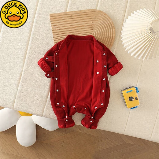 G.duck little yellow duck baby jumpsuit, baby's festive New Year plus velvet style baby one-month-old 100-day-one-year-old dress, red perm HAPPY plus velvet onesie 73cm (XS) 3-8 months baby