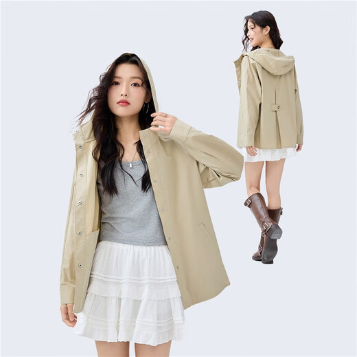 Giordano windbreaker jacket for women outdoor camping back pleated rag-shoulder mid-length hooded jacket for women 13375107
