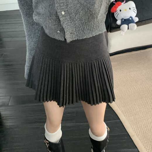 Lu Shanwu knitted pleated skirt woolen skirt anti-exposure A-line skirt women's autumn and winter versatile gray high-waisted skirt woolen pleated skirt short skirt dark gray M recommended 90-100Jin Jin equals 0.5 kg